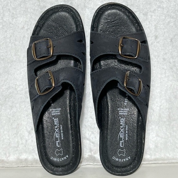 Flexus Womens Black Decca Leather 2-Strap Slide Wedge Sandals SZ EU 39 US 8.5 - Picture 5 of 12